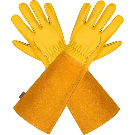 Gants de Jardinage en Cuir Respirant pour Homme et Femme avec Gant Anti-épine, Manches Longues en Cuir de Vache pour Jardinier et Fermier, Jaune L (1/5)