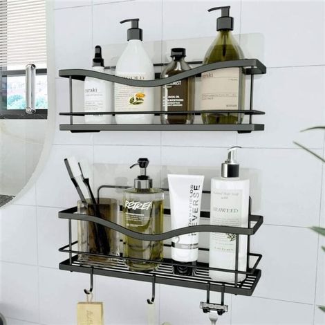 Duschablage 2er-Set – Badezimmerkorb ohne Bohren – Schwarzes Wandregal für Dusche und Badewanne mit Zubehörhaken (1/4)