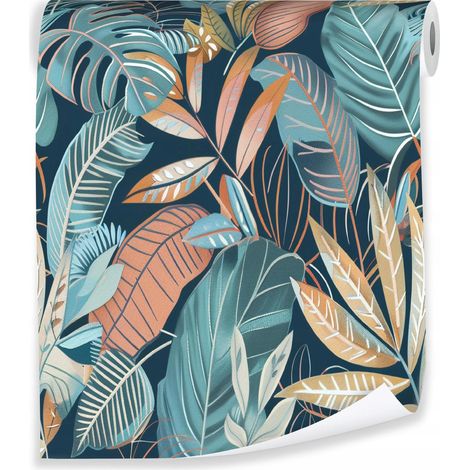 Papier peint avec des feuilles tropicales multicolores pour la décoration des murs du salon – rouleau 0,5 x 10 m, intissé Wallarena