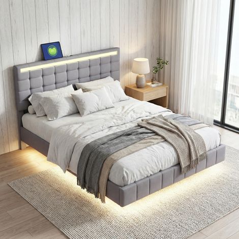 Letto per adulti 140x200 cm, letto matrimoniale, letto sospeso con illuminazione LED e porte USB, testiera regolabile in altezza, rivestimento in lino, stile moderno, Grigio