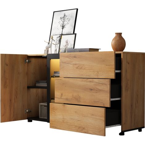 Sideboard mit 1 Tür, 3 Schubladen, 4 Offenen Fächern und Verstellbaren Glasböden mit LED für Wohnzimmer 140×40×80 cm (1/5)