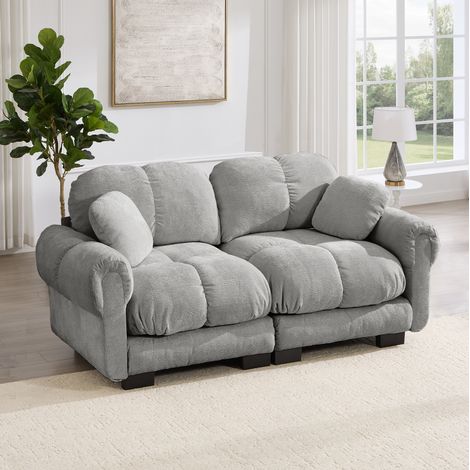 Canapé droit 2 places 190x86x90 cm en tissu chenille gris clair, modulable pour salon FloraGrace (1/5)