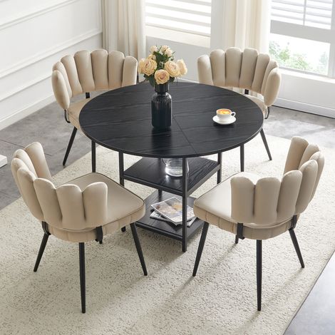 Set tavolo e sedie da pranzo in MDF e metallo nero, 4 posti, rotondo, con doppio ripiano portaoggetti, stile industriale (1/5)