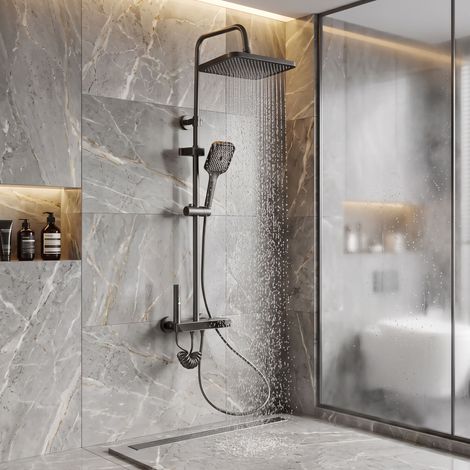 Comanlai - Colonne de Douche Thermostatique 4 en 1 Gris Fusil - Mitigeur avec Écran LED, Commande Piano, Douche de Tête Pluie Carrée XXL 31x20 cm, Douchette, Bec de Baignoire, Hauteur Réglable 90-140  (1/5)