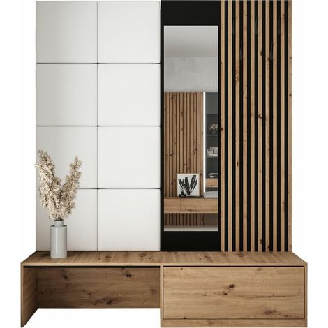 Mobilier1 – Meuble d'entrée Hartford 322 – Chêne artisan – Miroir inclus – Dimensions 205x172x42cm – Faux cuir stratifié à poser