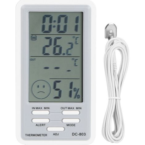 Termometro e igrometro digitale elettronico con allarme orario e orologio. Misura temperatura e umidità, ideale per uso domestico.