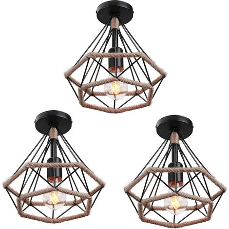 3er Pendelleuchte Hanf Seil Hängelampe mit Käfig Ø25cm Diamant Form Lampen im Industri Stil für für Wohnzimmer Esszimmer (Schwarz)