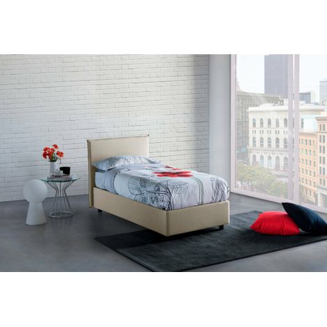 Talamo Italia Lit simple Brunella, Lit conteneur avec revêtement en tissu, 100% Made in Italy, Ouverture frontale, avec matelas Cm 80x190 inclus, Beige, avec emballage renforcé (1/5)