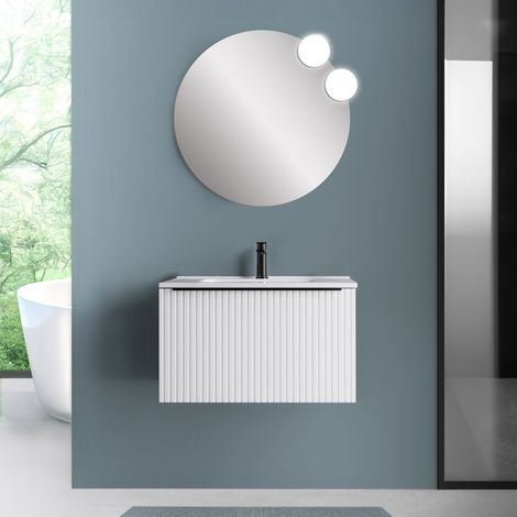 Mobile bagno sospeso 70 cm bianco opaco cannettato con cassetto e lavabo Nara (1/5)