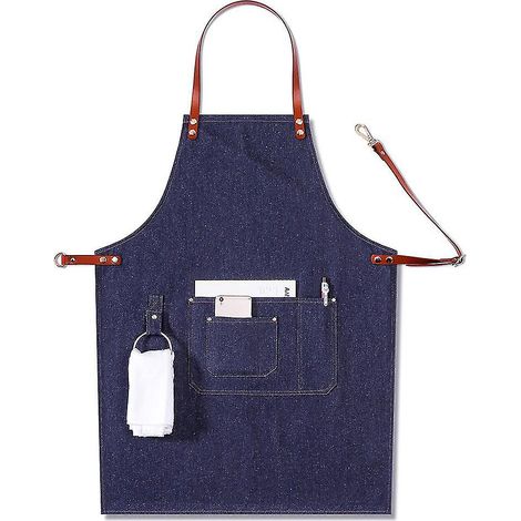 Professionelle blaue Denim-Kochschürze für Herren, ideal zum Grillen. Wasserabweisend, mit Werkzeugtaschen, Handtuchschlaufen und Schnellverschluss. (1/5)