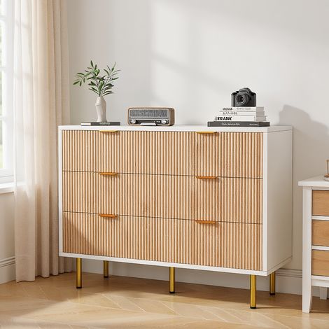 BLANKETSWARM - Commode 6 tiroirs en bois, Commode tiroire chambre – Rotin tressé – Poignées métal doré - 100x34x73 cm (1/5)