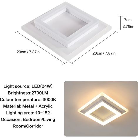 Plafonnier carré 24W – Lumière chaude 3000K – Acrylique blanc – Salon, chambre