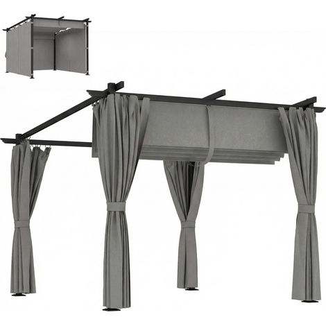 Outsunny 3 x 3(m) Metal Pergola with Retractable Roof and Sidewalls, Light Grey