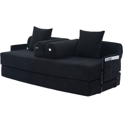 Canapé compressé pliable avec cadre en métal robuste, poches latérales et 3 coussins. Aménagements lounge personnalisables à volonté. Combinaison moderne métal-tissu, idéale pour le salon. Noir
