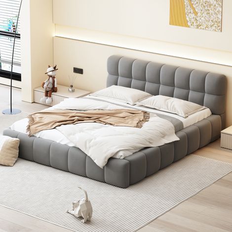Letto imbottito moderno 140x190 cm grigio con testiera morbida, rete a doghe e vano materasso incassato (1/5)
