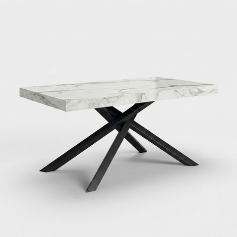 Table à manger extensible base noire 10 places 140/220x90 Singapore - Effet marbre blanc