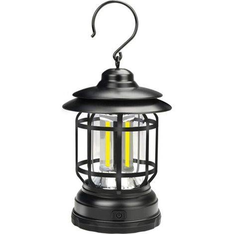 Lampe de camping portable étanche rechargeable USB, lanterne à piles AA, style rétro, idéale pour les fêtes, à suspendre et à décorer dans le jardin (1 pièce, noire, rechargeable).