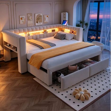 Sofá cama 90x190 cm beige de terciopelo con cama nido, cajones, LED y puertos USB/USB-C (1/5)