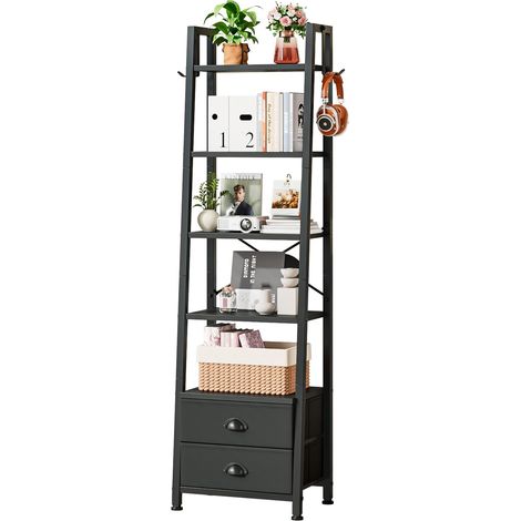 Etagère à Livres en Échelle,BibliothÈque à 5 Niveaux,Meuble de Rangement avec 2 Tiroirs en Tissu pour Salon, Chambre, Cuisine, Bureau,Style Industriel,Cadre en Acier (Noir) (1/5)