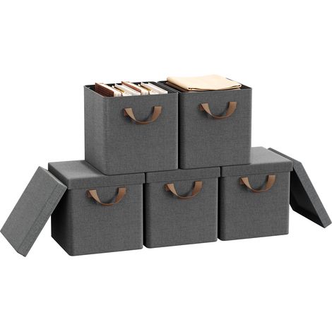 Lot de 5 Boîtes Rangement WOLTU, 27x27x27 cm, Cubes de Rangement Tissu avec Couvercle, Poignée et Cadre en Métal, Pliable, Gris (1/5)