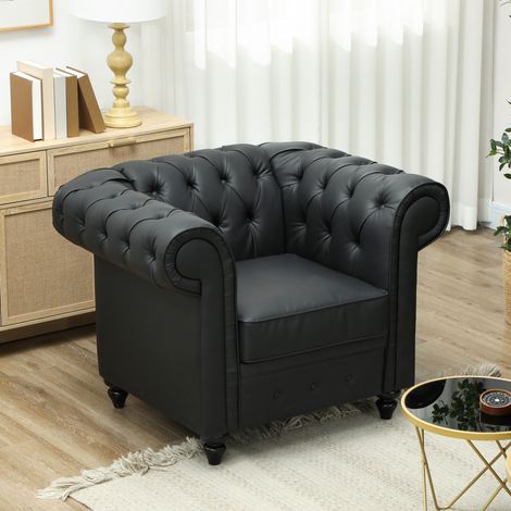 Divano 1 Posti Stile Chesterfield in Finta Pelle, Divanetto da Salotto Trapuntato con Braccioli e Imbottitura Spessa, Sofà con Gambe in Legno di Gomma per Soggiorno e Ufficio, Nero (1/5)
