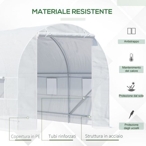 Serra a tunnel in polietilene da 4.5 x 2 x 2 m, serra pedonale per giardino confinere a rete, struttura in acciaio Zincato, bianca