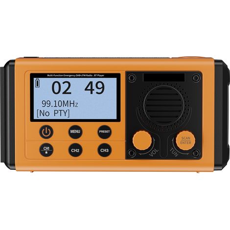 Ortviai Radio d'urgence portable DAB+/FM avec haut-parleur Bluetooth, lampe LED, alarme SOS, charge solaire/manivelle, 10000 mAh, étanche IPX6, jaune