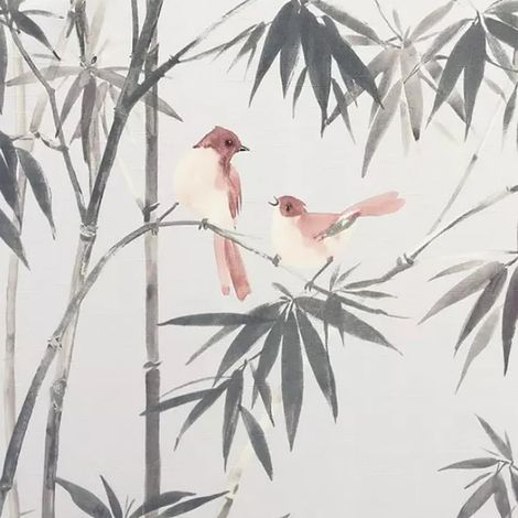 Birds Bamboo Wallpaper Arthouse Textured Vinyl Grey Jungle Tropical (1/2)