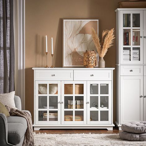 SoBuy FSB77-W Îlot de cuisine avec porte vitrée – Buffet autoportant, meuble de cuisine blanc 119x90x40 cm