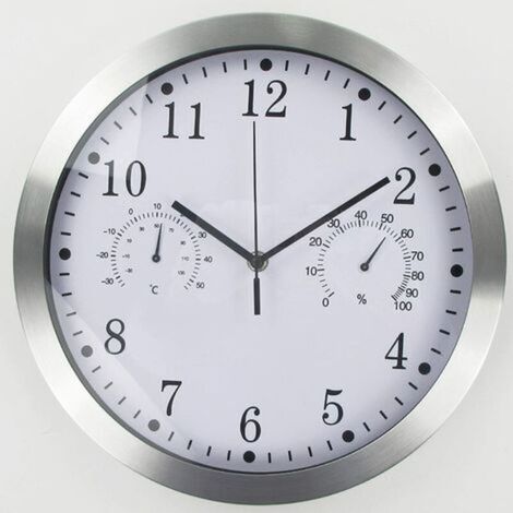 Horloge murale ronde à quartz, horloge murale intérieure silencieuse en aluminium avec thermomètre et hygromètre pour salon, cuisine, bureau (blanc) (1/5)