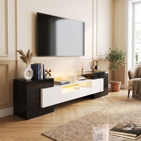 Meuble TV Moderne 200 cm avec LED Contrôle App 4 Portes 2 Tiroirs Surface en Verre Mobilier de Salon Noir et Blanc (1/5)