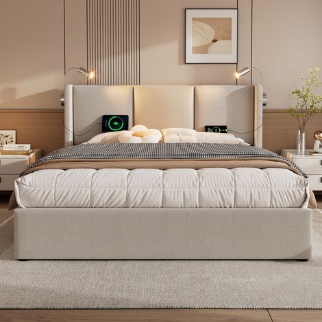 Letto contenitore 180 x 200 cm con vano, luci LED da lettura e 2 porte USB, beige HAVRYA (1/5)