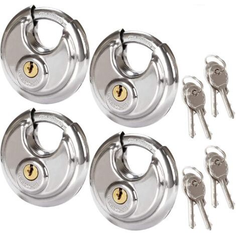 Lot de 4 Cadenas Circulaires de Sécurité, 70MM Cadenas Rond en Acier Inoxydable, Cadenas à Disque Résistant à la Rouille pour les Remises, les Garages, les Remorques, 2-3/4 po de Large