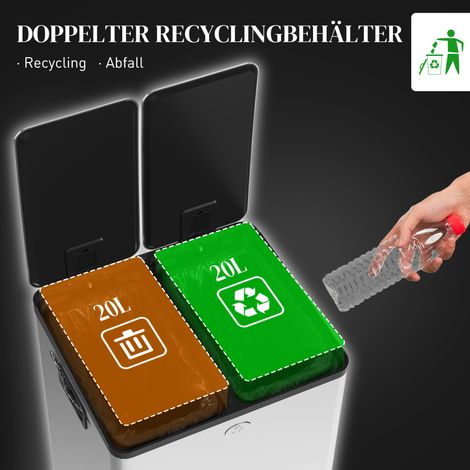 Paire de seaux à déchets de 20 L avec pédale, ouverture facile, acier inoxydable et plastique argenté, nettoyage aisé. (1/4)