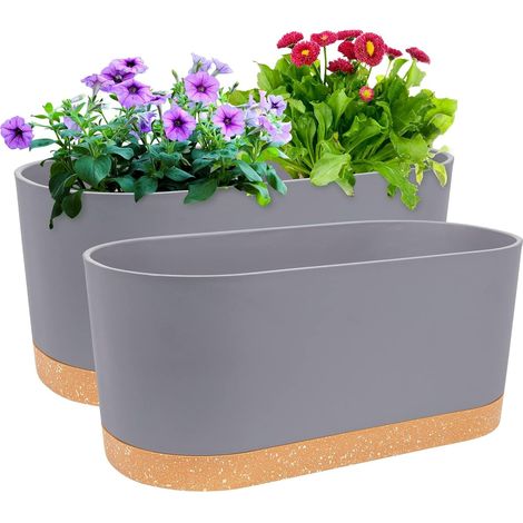 Set of 2 Balcony Planters – Diameter 40 x H 17.8 cm – Large Size Outdoor Plastic Flower Pot with Drainage Holes and Removable Base Light Grey (1/5)