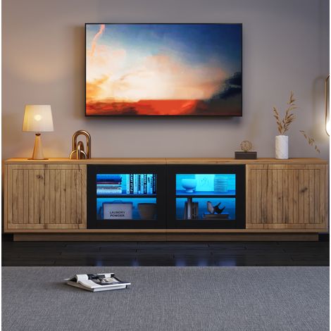 Meuble TV 180x40x45 cm LED verre trempé bois naturel OKMYHOME (1/5)