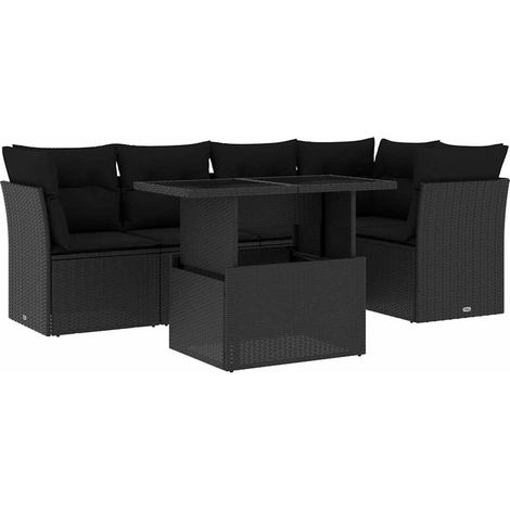 Salon de jardin 6 pcs Mobilier de jardin avec coussins noir résine tressée (1/5)