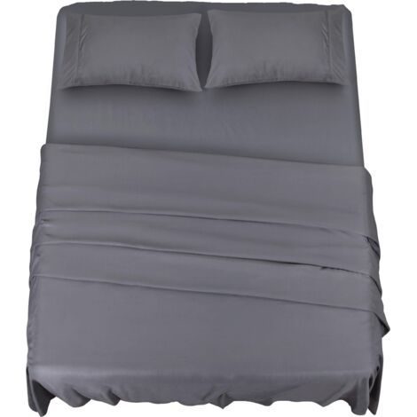 Polyester Microfibre Ensemble de Draps (4 pièces, Gris) - 1 Drap Housse 150x200cm, 1 Drap Plat 228x259cm et 2 Taies d'oreiller 50x75cm (1/4)