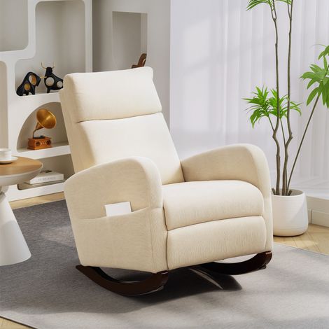 Silla Mecedora de Pana con Respaldo Alto Patas de Madera de Caucho Bolsillos Reposabrazos Estilo Moderno Beige (1/5)