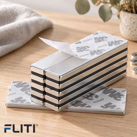 FLITI Lot de 10 Aimants Néodyme Rectangulaires 60x10x3mm - Adhésif 3M Extra Fort - Pour Surfaces Métalliques (1/5)
