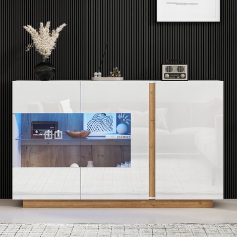Buffet commode haute brillance, panneaux de particules blancs avec verre, base en bois, commode armoire de couloir 1383890.5cm (1/5)