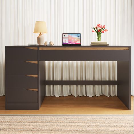 MODFU – Bureau 140x50 cm MDF – 5 tiroirs et grand plateau – Finition gris et décor chêne veinuré – Home office ou chambre – Gris/chêne (1/5)