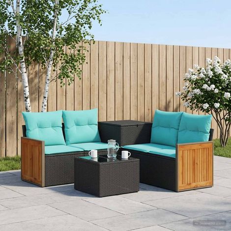 Set divano da giardino modulare in polyrattan con tavolo e cuscini nero e blu, set da 6 pezzi - PANGIVO (1/5)