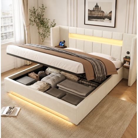 REDOM - Lit coffre - 160x200 cm - avec USB - LED et rangements latéraux - velours - beige (Sans matelas) (1/5)
