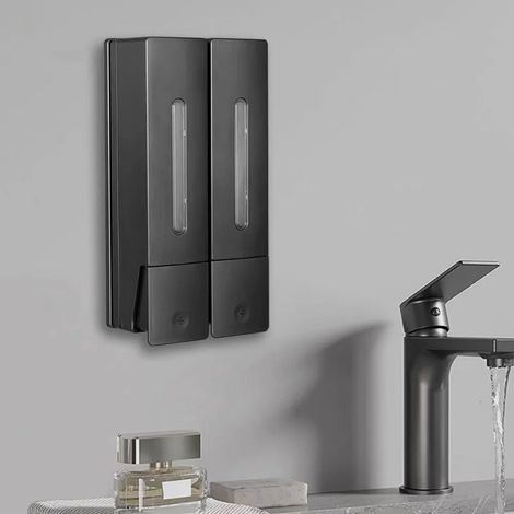 Distributeur de savon manuel double tête (gris foncé) - Fixation murale - Grande capacité de 400 ml - Idéal pour les hôtels, la maison et la salle de bain. Sans perçage. (1/5)