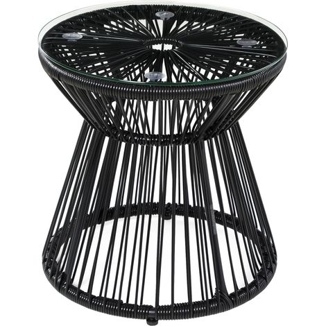 Mesa auxiliar de jardín redonda de ratán negro con tablero de vidrio templado (1/5)