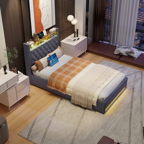 Lit 140x190 cm en velours gris foncé avec mousse haute résilience et sommier à lattes DESVIAE (1/5)