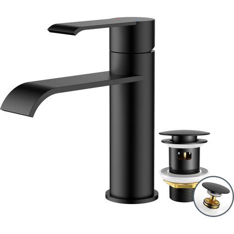 Rubinetto Bagno Nero Opaco con Scarico, Miscelatore Lavabo Monocomando, Rubinetto Design Cascata, Fitting Moderno Risparmio Idrico per Bagno (1/4)