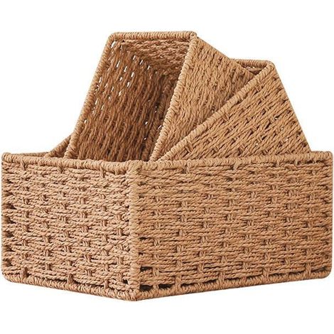 Panier en osier pour le rangement, lot de 3 paniers en corde naturelle tissés à la main, boîte de rangement décorative (camel) (1/5)