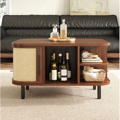 Mesa de centro 80x60x47 cm nogal MDF con almacenamiento lateral y estantes abiertos (1/5)